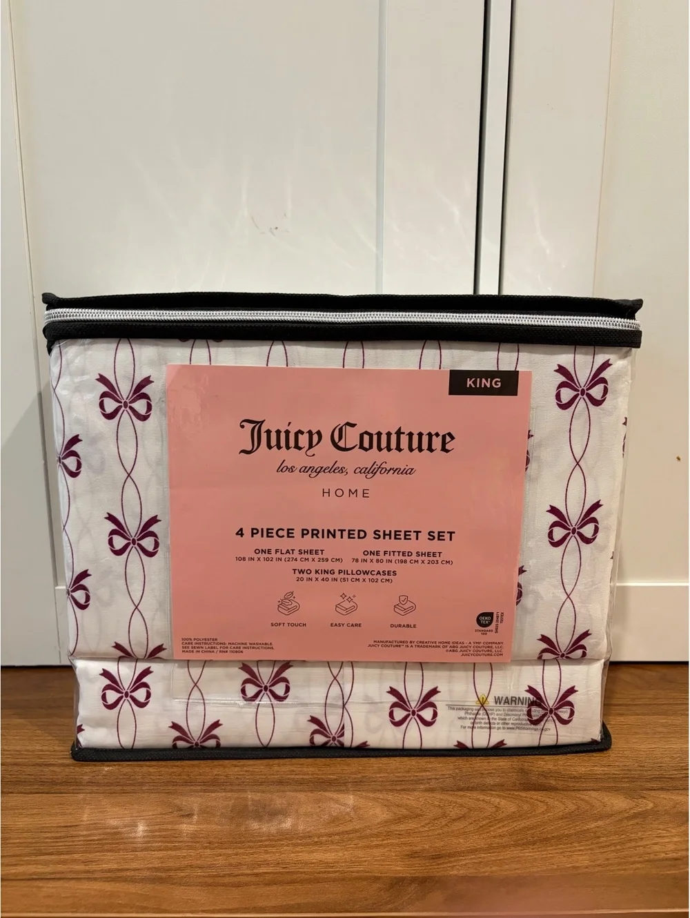 Juicy Couture King 4-Piece Printed Sheet Set – Bow Print – New